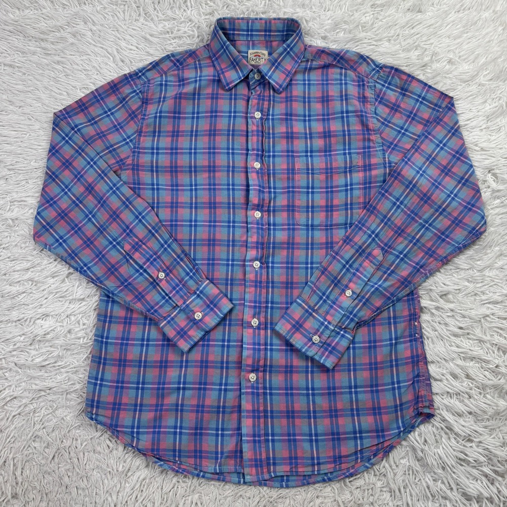 Faherty Shirt Mens Medium Blue Pink Plaid 100% Cotton Button Pocket Lightweight